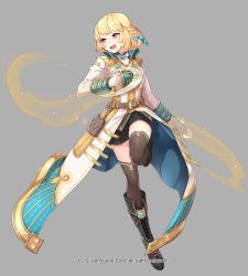 Rule 34 | 1girl, blonde hair, boots, bow, braid, chakram, coat, company name, crying, full body, gloves, grey background, gyakushuu no fantasica, millgua, official art, open mouth, red eyes, simple background, thighhighs, weapon