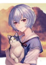 Rule 34 | 1girl, absurdres, animal, ayanami rei, backlighting, blurry, blurry background, bryanth, cat, closed mouth, depth of field, highres, holding, holding animal, holding cat, huge filesize, looking at viewer, neon genesis evangelion, outdoors, outside border, purple hair, red eyes, red ribbon, ribbon, school uniform, short hair, short sleeves, smile, solo, sunlight, tokyo-3 middle school uniform