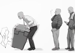 Rule 34 | 3boys, afterimage, anger vein, annoyed, bald, blue archive, bulge, cellphone, cum, erection, erection under clothes, faceless, faceless male, from side, full body, fuu torutanme, greyscale, hand in pocket, hand up, highres, holding, holding phone, jacket, japanese text, leaning forward, long sleeves, looking at phone, looking down, male focus, miyu (blue archive), monochrome, multiple boys, necktie, pants, penis, phone, profile, queue, saliva, sex, shirt tucked in, shoes, simple background, sketch, smartphone, speech bubble, spoken anger vein, standing, talking, towel, towel around neck, track pants, translation request, trash can, uncensored, white background
