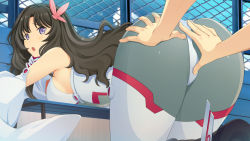 Rule 34 | 10s, 1girl, akinashi yuu, ao no kanata no four rhythm, ao no kanata no four rhythm -es-, ass, ass grab, bare shoulders, bench, bent over, black hair, blush, bodysuit, breast press, breasts, detached sleeves, fence, fingering, flower, from behind, game cg, hair flower, hair ornament, kneeling, large breasts, legs, long hair, looking back, miyoshi momoko, open mouth, outdoors, purple eyes, solo focus, suzumori, thighs, wide sleeves