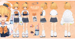 Rule 34 | 1girl, animal ears, asymmetrical hair, baggy socks, bandaid, bandaid on leg, black skirt, bottle, breasts, character name, character sheet, choppy bangs, crying, earclip, eimi isami, expressions, hair ornament, hair scrunchie, hairclip, hamster ears, hamster girl, high ponytail, highres, id card, lab coat, looking at viewer, lucidsky, medium breasts, multiple views, navel, neckerchief, official art, orange background, orange hair, orange neckerchief, orange ribbon, oversized clothes, paperclip, patchwork clothes, phase connect, pink eyes, pleated skirt, ribbon, safety pin, school uniform, scrunchie, seed, shoes, short hair, side ponytail, skirt, sneakers, sunflower seed, unbuttoned, virtual youtuber, water bottle, wavy hair, white footwear