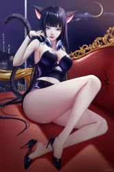Rule 34 | 1girl, absurdres, animal ears, bad id, bad twitter id, bare shoulders, black hair, blue eyes, blunt bangs, breasts, cat ears, cat girl, cat tail, cleavage, couch, crescent moon, full body, headphones, headphones around neck, high heels, highres, indoors, lichiko, long hair, looking at viewer, medium breasts, mole, mole under eye, moon, nail polish, navel, night, on couch, original, sitting, solo, tail, thighs, window