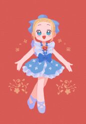 Rule 34 | 1girl, :d, ashita no nadja, ballet slippers, blonde hair, blue bow, blue dress, blue eyes, blush, bow, brooch, bun cover, dress, hair bun, heart, heart brooch, jewelry, koteko (chop of toilet), looking at viewer, nadja applefield, official alternate costume, open mouth, red background, simple background, smile, solo