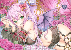 Rule 34 | 1girl, breasts, costume request, crop top, demon girl, demon tail, demon wings, detached sleeves, flower, frilled sleeves, frills, garter straps, green eyes, highres, lamp, large breasts, looking at viewer, navel, omagari kei, on bed, original, painting (medium), petals, pink hair, pointy ears, rose, rose petals, short shorts, shorts, sideboob, solo, tail, traditional media, twintails, watercolor (medium), wings
