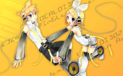 Rule 34 | 1boy, 1girl, blonde hair, blue eyes, brother and sister, detached sleeves, elbow gloves, fingerless gloves, gloves, hair ornament, hair ribbon, hairclip, headphones, highres, kagamine len, kagamine len (append), kagamine rin, kagamine rin (append), mamakari, navel, popped collar, ribbon, short hair, shorts, siblings, thighhighs, twins, vocaloid, vocaloid append, wallpaper