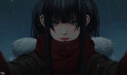 Rule 34 | 1girl, black hair, blue eyes, brown coat, closed mouth, coat, earclip, fur-trimmed coat, fur trim, highres, hololive, hololive english, long hair, looking at viewer, meme, mittens, ouro kronii, outdoors, pov cheek warming (meme), reaching, reaching towards viewer, red mittens, red scarf, scarf, snowing, solo, steb, virtual youtuber, winter clothes, winter coat