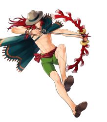 Rule 34 | 1boy, abs, bow (weapon), bracelet, cape, coral, fire emblem, fire emblem: the sacred stones, fire emblem heroes, full body, hat, highres, jewelry, joshua (fire emblem), long hair, male focus, navel, nintendo, official art, red eyes, red hair, ring, sandals, topless male, solo, suekane kumiko, swimsuit, transparent background, weapon