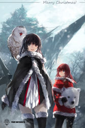Rule 34 | 2girls, :d, ^ ^, bad id, bad pixiv id, bear, bird, black eyes, black hair, blue eyes, closed eyes, coat, closed eyes, highres, long hair, looking at viewer, merry christmas, multiple girls, open mouth, owl, pixiv fantasia, pixiv fantasia fallen kings, polar bear, red hair, severed head, smile, swd3e2, winter clothes, winter coat