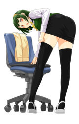 Rule 34 | 1girl, ass, bent over, black thighhighs, blush, bow, chair, green hair, hairband, headset, highres, idolmaster, idolmaster (classic), looking back, miniskirt, mole, mole under mouth, office chair, open mouth, otonashi kotori, pencil skirt, red eyes, short hair, simple background, skirt, solo, sweater, swivel chair, thighhighs, tsurui, vest, white background, zettai ryouiki