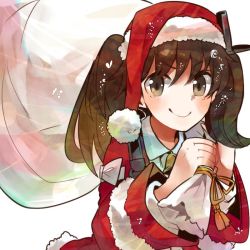 Rule 34 | 10s, 1girl, adapted costume, bad id, bad twitter id, bag, blue shirt, blush, brown eyes, brown hair, christmas, closed mouth, collared shirt, eyebrows, flat chest, hat, holding, holding bag, itomugi-kun, kantai collection, long hair, long sleeves, looking at viewer, ribbon, ryuujou (kancolle), sack, santa costume, santa hat, shirt, short hair, simple background, smile, solo, twintails, upper body, white background, yellow ribbon