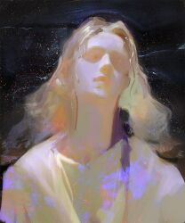 Rule 34 | 1other, abstract, art study, blonde hair, brown hair, chiaroscuro, closed eyes, closed mouth, collarbone, commentary, english commentary, facing viewer, faux traditional media, floating hair, head back, highres, lips, long hair, original, portrait, shirt, sketch, sky, solo, space, star (sky), starry sky, upper body, white hair, yuming li
