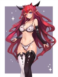 Rule 34 | 1girl, bare shoulders, blush, bra, breasts, cleavage, collarbone, demon horns, framed, hair between eyes, heterochromia, highres, hololive, hololive english, horns, irys (hololive), lace, lace-trimmed bra, lace-trimmed panties, lace trim, large breasts, legs, long hair, long legs, looking at viewer, multiple horns, navel, notte, out of frame, outside border, panties, pointy ears, red hair, simple background, sleeveless, smile, solo, standing, star (symbol), stomach, thighhighs, thighs, underwear, underwear only, very long hair, virtual youtuber