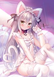 Rule 34 | animal collar, animal ears, babydoll, blush, breasts, cat ears, cat girl, cat tail, cleavage, cleavage cutout, clothing cutout, collar, dot mouth, dot nose, fluff, frilled babydoll, frilled hairband, frilled panties, frills, garter straps, grey hair, hair between eyes, hair ribbon, hairband, heart, heart-shaped lock, heart tail, highres, lace trim, lingerie, long hair, looking at viewer, on bed, original, panties, ribbon, rokudou itsuki, small breasts, tail, thighhighs, thighs, underwear, white babydoll, white thighhighs, yellow eyes