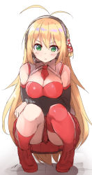 Rule 34 | antenna hair, asymmetrical legwear, blonde hair, blush, breasts, cleavage, commentary request, daidou (demitasse), detached sleeves, green eyes, hair between eyes, headphones, headset, highres, large breasts, long hair, looking at another, red neckwear, red skirt, red thighhighs, single thighhigh, skirt, solo, squatting, thighhighs, tsurumaki maki, uneven legwear, vocaloid, voiceroid