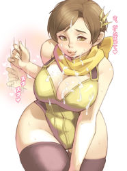 Rule 34 | 1girl, afterimage, bad id, bad pixiv id, black thighhighs, blush, breasts, brown eyes, brown hair, bukkake, cleavage, come hither, cum, cum on body, cum on breasts, cum on hair, cum on upper body, facial, hair ornament, hairclip, hand gesture, heavy breathing, large breasts, leaning forward, leotard, licking lips, lips, maou alba, naughty face, nene (sengoku musou), ninja, plump, scarf, sengoku musou, sengoku musou 2, sexually suggestive, short hair, solo, sweat, thighhighs, tongue, tongue out, translation request