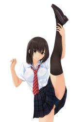 Rule 34 | &gt;:), 1girl, arm up, ass, black skirt, blue panties, breasts, brown eyes, brown footwear, brown hair, brown thighhighs, closed mouth, collared shirt, commentary request, dress shirt, hair between eyes, hand up, highres, leg lift, loafers, medium breasts, nonaka ritsu, original, panties, plaid, plaid skirt, pleated skirt, school uniform, shirt, shoe soles, shoes, short sleeves, simple background, skirt, smile, solo, split, standing, standing on one leg, standing split, thighhighs, underwear, v-shaped eyebrows, white background, white shirt