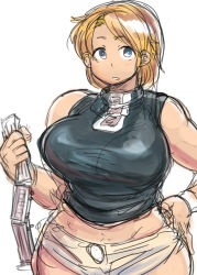 Rule 34 | 1girl, bakugeki no g, blonde hair, blue eyes, breasts, curvy, giant, giantess, hand on own hip, hunter rank e, large breasts, looking at viewer, original, parted lips, short hair, sketch, sleeveless, solo, train, wide hips