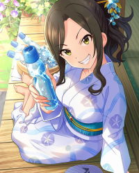Rule 34 | 10s, 1girl, air bubble, alternate hairstyle, arm support, artist request, barefoot, black hair, bottle, breasts, bubble, bucket, day, doorway, drink, eyebrows, feet, fingernails, floral print, flower, flower pot, foreshortening, from above, from side, grass, green eyes, grin, hair ornament, hair stick, hair up, hand fan, hand up, happy, head tilt, high ponytail, holding, holding bottle, idolmaster, idolmaster cinderella girls, japanese clothes, jpeg artifacts, kimono, long fingernails, long hair, long sleeves, morning glory print, mukai takumi, obi, official art, open door, outdoors, paper fan, plant, ponytail, potted plant, purple flower, ramune, sash, sidelocks, sitting, sliding doors, smile, solo, sparkle, swept bangs, tatami, uchiwa, veranda, water, water bottle, water drop, wavy hair, wide sleeves, wooden floor, yellow eyes, yellow flower, yokozuwari