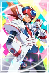 Rule 34 | 1boy, android, axl (mega man), belt, brown hair, closed mouth, coat, commentary request, cowboy shot, fur trim, gift, green eyes, hand on own hip, helmet, highres, holding, long coat, looking at viewer, male focus, mega man (series), mega man x (series), mega man x dive, necktie, one eye closed, parco 1315, red hair, red necktie, scar, scar on face, smile, solo, sparkle, standing, white coat