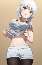 Rule 34 | 1girl, bang dream!, bare shoulders, black pantyhose, blue eyes, blush, braid, breasts, clothes lift, commentary request, cowboy shot, grey shirt, groin, hair ribbon, highres, horizontal striped shirt, horizontal stripes, lifted by self, long hair, looking at viewer, medium breasts, navel, noshimurin, off-shoulder shirt, off shoulder, open mouth, pantyhose, ribbon, shirt, shirt lift, short shorts, short sleeves, shorts, side braids, sidelocks, solo, standing, stomach, striped clothes, striped shirt, twin braids, vertical-striped clothes, vertical-striped shirt, wakamiya eve, white hair, white shorts