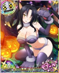 Rule 34 | 1girl, animal ears, animal hands, arm support, bare shoulders, bishop (chess), blush, breasts, card (medium), cat ears, cat paws, cat tail, character name, chess piece, cleavage, elbow gloves, fur trim, gloves, hair rings, hairband, halloween, halloween costume, high school dxd, high school dxd born, jack-o&#039;-lantern, kuroka (high school dxd), large breasts, long hair, looking at viewer, midriff, multiple tails, navel, official art, one eye closed, open mouth, paw pose, slit pupils, smile, solo, tail, thighhighs, trading card, yellow eyes