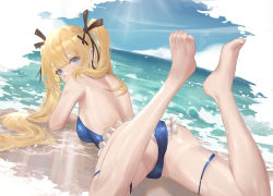 Rule 34 | 1girl, ass, azur lane, back, backless swimsuit, bad id, bad pixiv id, bare arms, bare legs, bare shoulders, barefoot, beach, black ribbon, blonde hair, blue eyes, blue one-piece swimsuit, breasts, casual one-piece swimsuit, cirilla lin, colored eyelashes, dead or alive, feet, feet up, frilled swimsuit, frills, hair ornament, hair ribbon, highres, horizon, long hair, looking at viewer, looking back, marie rose, medium breasts, ocean, on ground, one-piece swimsuit, ribbon, sideboob, solo, swimsuit, thigh strap, toes, twintails, very long hair, water, x hair ornament