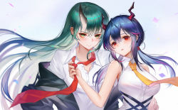 Rule 34 | 2girls, alternate costume, arknights, bare arms, bare shoulders, blue background, blue hair, blush, breasts, ch&#039;en (arknights), commentary request, gradient background, green eyes, green hair, hair between eyes, head tilt, highres, horns, hoshiguma (arknights), jacket, large breasts, long hair, looking at viewer, low twintails, multiple girls, necktie, off shoulder, open clothes, open jacket, parted lips, red eyes, red neckwear, shirt, sidelocks, single horn, sleeveless, sleeveless shirt, smile, tuzhate, twintails, upper body, white background, white shirt, yellow neckwear