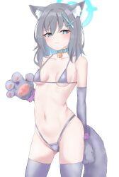 Rule 34 | 1girl, absurdres, animal ear fluff, animal ears, animal hands, bell, bikini, blue archive, blue collar, blue eyes, blue halo, blush, breasts, bright pupils, collar, commentary request, cross hair ornament, gloves, grey bikini, grey hair, grey thighhighs, hair ornament, halo, highres, jingle bell, kyureizi, looking at viewer, medium breasts, micro bikini, mismatched pupils, navel, neck bell, paw gloves, shiroko (blue archive), short hair, simple background, solo, swimsuit, tail, thighhighs, white background, white pupils