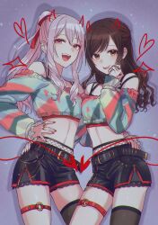 Rule 34 | 1girl, 1other, absurdres, akiyama mizuki, belt, black thighhighs, brown eyes, brown hair, commentary request, cowboy shot, go (roku), hand on another&#039;s hip, hand on own hip, heart, highres, jewelry, long hair, long sleeves, midriff, open mouth, pink eyes, pink hair, ponytail, project sekai, red nails, ring, shinonome ena, shorts, sidelocks, single thighhigh, teeth, thigh strap, thighhighs, tongue, tongue out, twitter username, upper teeth only