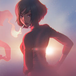 Rule 34 | 1girl, annie mei project, cigarette, from behind, gloves, hand on own hip, ilya kuvshinov, lens flare, lips, looking at viewer, looking back, mouth hold, original, short hair, smoke, smoking, solo, turtleneck, upper body, xii (annie mei project)