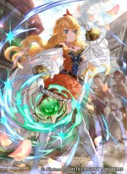 Rule 34 | 2boys, 2girls, alice (fire emblem), axe, bandages, bandana, blonde hair, blue eyes, brown hair, building, cloud, company name, day, fire emblem, fire emblem cipher, gloves, jewelry, long hair, mayo (becky2006), multiple boys, multiple girls, necklace, nintendo, official art, open mouth, petals, sky, solo focus, sparkle, staff, thighhighs, weapon