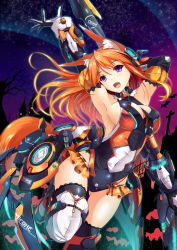 Rule 34 | 1girl, :d, alternate costume, animal ears, arm behind head, armor, armpits, arms up, bat (animal), black thighhighs, bodysuit, boots, breasts, brown hair, castle, cleavage, cleavage cutout, clothing cutout, covered navel, cross, elbow gloves, english text, fang, fangs, fatkewell, floating hair, fox ears, fox tail, gloves, gradient hair, halloween, halterneck, hip vent, jack-o&#039;-lantern, large breasts, leg lift, leotard, light particles, lights, looking at viewer, mecha musume, microskirt, multicolored hair, necktie, neon trim, night, night sky, open mouth, orange hair, original, outdoors, pleated skirt, polearm, purple eyes, rika eastre, showgirl skirt, sideboob, skirt, sky, smile, spear, star (sky), starry sky, tail, thighhighs, tree, turtleneck, weapon, white thighhighs, zipper
