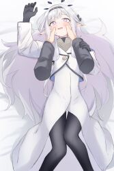 Rule 34 | 1girl, absurdres, bed sheet, black gloves, black hairband, blue archive, blush, cheek squash, disembodied hand, gloves, grey hair, hair tubes, hairband, halo, highres, himari (blue archive), jacket, long hair, long sleeves, looking at viewer, lying, mole, mole under eye, on back, open mouth, pointy ears, purple eyes, riya (01214), solo focus, tearing up, white jacket
