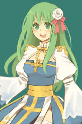 Rule 34 | 1girl, arch bishop (ragnarok online), blue dress, blush, bow, breasts, cleavage, cleavage cutout, clothing cutout, commentary request, cowboy shot, cross, dress, flower, frilled thighhighs, frills, green background, green eyes, green hair, hair bow, hair flower, hair ornament, juliet sleeves, long sleeves, looking at viewer, medium breasts, open mouth, pink bow, puffy sleeves, ragnarok online, sash, simple background, smile, solo, thighhighs, tsuki miso, two-tone dress, white dress, white flower, white thighhighs, yellow sash