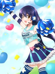 Rule 34 | 1girl, arm up, arms up, bare shoulders, blue hair, blue thighhighs, blush, cheering, cheerleader, commentary request, cowboy shot, crop top, elbow gloves, from side, gloves, hair between eyes, headset, highres, long hair, looking at viewer, love live!, love live! school idol project, midriff, misora deco, navel, polka dot, polka dot skirt, pom pom (cheerleading), skirt, smile, solo, sonoda umi, striped clothes, striped gloves, takaramonozu, thighhighs, yellow eyes