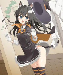 Rule 34 | 1boy, 1girl, admiral (kancolle), animal ears, asashio (kancolle), asashio kai ni (kancolle), ass, belt, belt buckle, black belt, black dress, black hair, blue eyes, blush, buckle, buttons, cape, cat ears, cat tail, collared shirt, dress, gloves, hair between eyes, halloween, halloween costume, hat, highres, kantai collection, kuronaga, long hair, long sleeves, military, military uniform, naval uniform, open mouth, pinafore dress, shirt, sleeveless, sleeveless dress, striped clothes, striped thighhighs, tail, thighhighs, uniform, white gloves, white shirt, witch hat