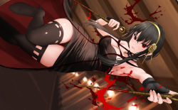 Rule 34 | 1girl, attack, bad id, bad pixiv id, black choker, black dress, black gloves, black hair, black thighhighs, blood, blood splatter, bloody weapon, boots, breasts, choker, cleavage, commentary request, dagger, dress, dual wielding, fingerless gloves, flower, gibun (sozoshu), gloves, gold hairband, hair flower, hair ornament, hairband, hallway, high heel boots, high heels, highres, holding, holding dagger, holding knife, holding weapon, knife, large breasts, lips, long hair, looking at viewer, parted lips, pendant choker, red eyes, revision, rose, sidelocks, skindentation, solo, spikes, spy x family, stiletto (weapon), taut clothes, taut dress, thigh boots, thighhighs, thighs, two-sided dress, two-sided fabric, v-shaped eyebrows, weapon, yor briar, zettai ryouiki