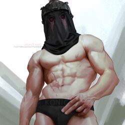 Rule 34 | 1boy, abs, artist name, bara, black male underwear, briefs, call of duty, call of duty: modern warfare 2, covered face, helmet, highres, huntang513, konig (call of duty), large pectorals, looking at viewer, male focus, male underwear, mask, muscular, muscular male, navel, nipples, pectorals, scar, scar on stomach, solo, twitter username, underwear