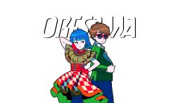 Rule 34 | 1boy, 1girl, blue hair, blue pants, blue pantyhose, bob cut, brown hair, checkered clothes, checkered dress, chestnut mouth, crossed legs, dress, gloves, green jacket, group name, highres, jacket, jewelry, kojima (oresama), looking to the side, necklace, official art, oresama (band), pants, pantyhose, parted lips, pearl necklace, pon (oresama), red gloves, short hair, sunglasses, transparent background, utomaru, watson cross