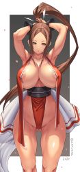 Rule 34 | 1girl, 2020, adjusting hair, amamiya (abaros), breasts, brown eyes, brown hair, fatal fury, forehead, high ponytail, highleg, highres, huge breasts, long hair, looking at viewer, nipple slip, nipples, obi, open mouth, revealing clothes, sash, shiranui mai, snk, solo, the king of fighters, twitter username