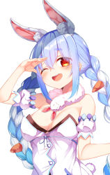 Rule 34 | 1girl, 1other, animal ear fluff, animal ears, arm cuffs, bare shoulders, blue hair, blush, braid, breasts, carrot, don-chan (usada pekora), dress, fur, green eyes, hair between eyes, hand on forehead, hand up, highres, hololive, long hair, looking at viewer, medium breasts, multicolored hair, open mouth, rabbit ears, rabbit girl, rabbit tail, sash, sidelocks, siro7748, sleeveless, sleeveless dress, smile, solo, standing, tail, teeth, tongue, twin braids, upper body, upper teeth only, usada pekora, usada pekora (1st costume), virtual youtuber, white background, white dress