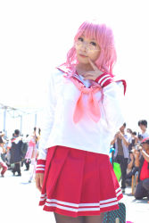 Rule 34 | cosplay, glasses, hekii nana, lucky star, pantyhose, photo (medium), pink hair, sailor, school uniform, serafuku, takara miyuki