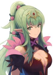 Rule 34 | 1girl, breasts, cleavage, cleavage cutout, clothing cutout, fire emblem, fire emblem awakening, fire emblem heroes, flower, green eyes, green hair, highres, labebebe lee, large breasts, looking at viewer, nintendo, official alternate costume, pointy ears, tiki (adult) (fire emblem), tiki (adult) (resplendent) (fire emblem), tiki (fire emblem), white background