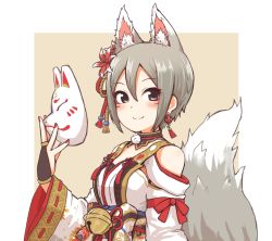 Rule 34 | 1girl, animal ears, bell, closed mouth, earrings, flower, fox mask, grey eyes, grey hair, hair flower, hair ornament, hemoglosso, holding, idolmaster, idolmaster cinderella girls, japanese clothes, jewelry, jingle bell, looking at viewer, makeup, mask, unworn mask, sash, shiomi syuko, smile, solo, tail, upper body