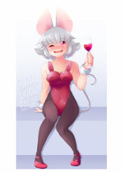 Rule 34 | 1girl, alcohol, alternate costume, animal ears, bbb (33kudo), black pantyhose, blush, border, breasts, bunny day, commentary request, covered navel, cup, dated, drinking glass, full body, grey hair, highres, holding, holding cup, leotard, looking at viewer, medium breasts, mouse ears, mouse girl, mouse tail, nazrin, one eye closed, open mouth, pantyhose, playboy bunny, rabbit tail, red eyes, red footwear, red leotard, short hair, sitting, smile, solo, strapless, strapless leotard, tail, touhou, white border, wine, wine glass