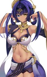 Rule 34 | 1girl, :/, absurdres, bare shoulders, black hairband, blue eyes, breasts, candace (genshin impact), cleavage, closed mouth, dark-skinned female, dark skin, detached sleeves, egyptian clothes, eye of horus, genshin impact, gold trim, hair intakes, hair ornament, hairband, hands up, heterochromia, highres, jewelry, large breasts, legs together, looking at viewer, navel, neck ring, purple hair, ritou08, short hair with long locks, simple background, solo, stomach, twintails, twitter username, white background, yellow eyes