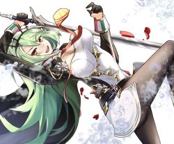 Rule 34 | 1girl, aiguillette, azur lane, black gloves, breasts, cape, cleavage, cloak, gloves, green cape, green hair, hair between eyes, half gloves, holding, holding sword, holding weapon, italian flag, large breasts, littorio (azur lane), long hair, looking at viewer, medal, necktie, pantyhose, red eyes, red necktie, satanfang, solo, sword, weapon