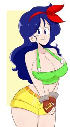 Rule 34 | 1girl, belly, blue eyes, blue hair, breasts, closed mouth, dragon ball, eyebrows, fingerless gloves, gloves, highres, jinu (jinusenpai), long hair, lunch (dragon ball), matching hair/eyes, shorts, simple background, smile, solo, stomach