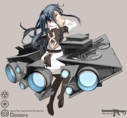 Rule 34 | 1girl, animification, artist name, ass, back, blue hair, character name, chimaera (star wars), full body, green eyes, grey background, gun, highres, long hair, mecha musume, no shoes, open mouth, personification, rifle, solo, star wars, thighhighs, twintails, vectorek, weapon