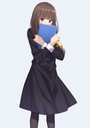 Rule 34 | 1girl, black dress, black pantyhose, blunt bangs, blush, brown eyes, brown hair, commentary request, covered mouth, covering own mouth, crossed arms, dress, feet out of frame, hands up, highres, holding, holding notepad, hugging object, iino miko, kaguya-sama wa kokurasetai ~tensai-tachi no renai zunousen~, kiona (giraffe kiona), long hair, long sleeves, looking at viewer, notepad, pantyhose, school uniform, shuuchiin academy school uniform, simple background, solo, standing, twintails, white background